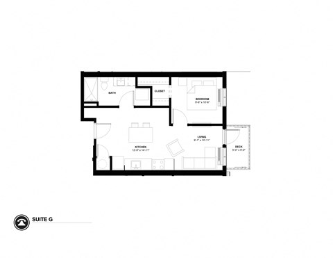 Floor plan for 1 bed, 0.8 baths, 565 sqft